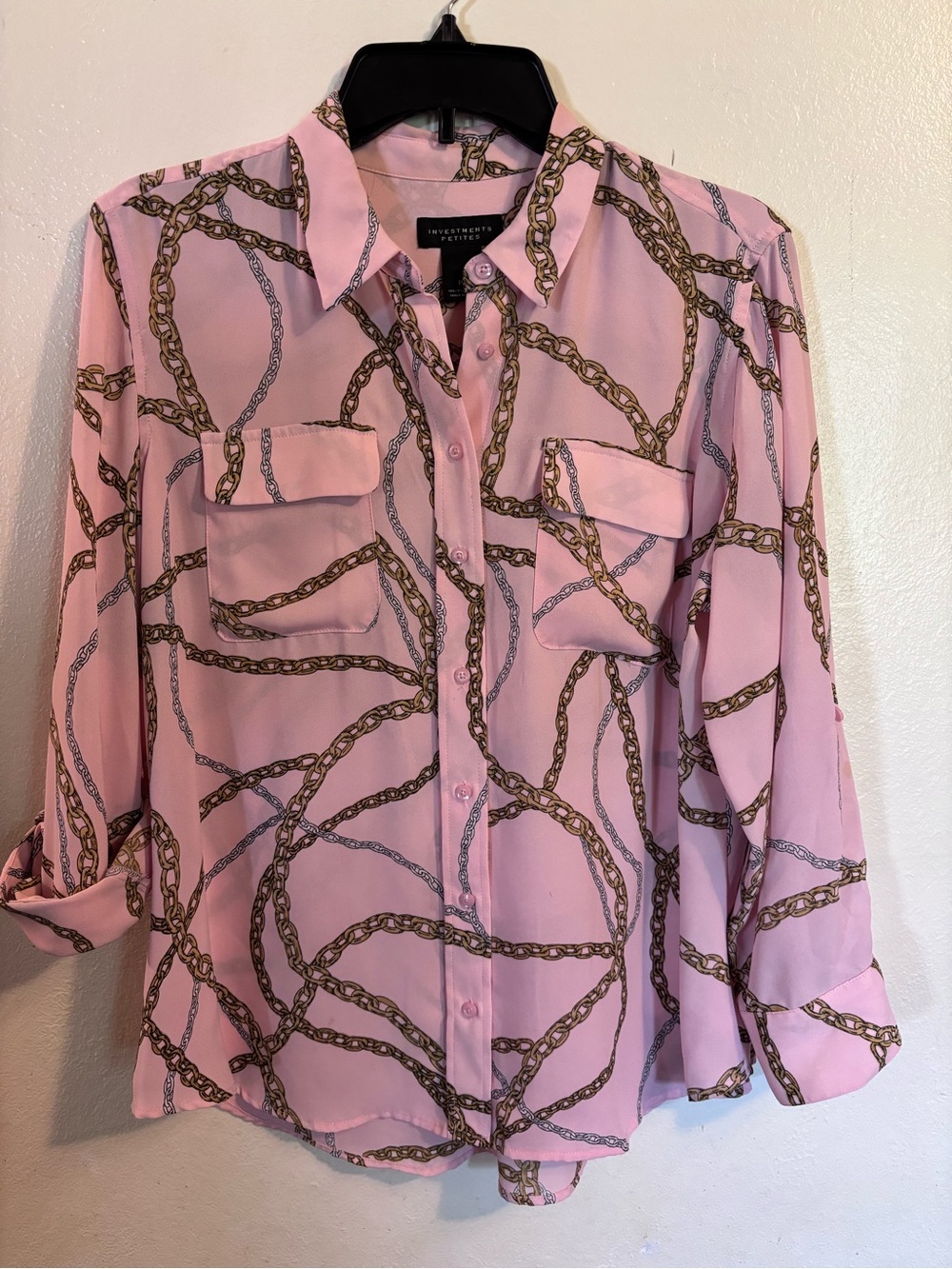 Investments Pink Blouse with Gold Chain Print